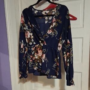 Source Unknown Floral Wrap Blouse - Navy and Pink